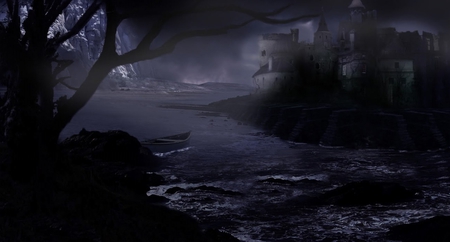 DARK CASTLE - cove, beach, night, dark, castle, canoe