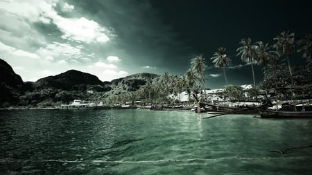 surreal vacation - palms, beach, green hue, boats