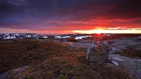 permafrost - field, rocks, sunset, snow