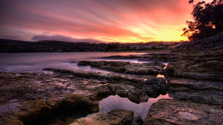 slippery when wet - bay, rocks, sunset, houses