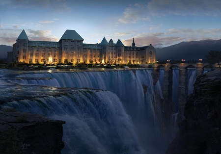 By The Falls - hotel, water falls, fountains, bridge