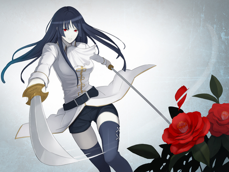 Imai Nobume - imai nobume, sexy, hot, female, brave, thighhigh, fighter, long hair, anime girl, rose, black hair, red eyes, cool, sword, flower, balt