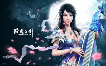 Perfect World - female, armor, music, ribbon, text, castle, moon, cherry blossom, hot, beauty, cool, cg, fantasy, lady, musical instument, 3d, sexy, full moon, perfect world