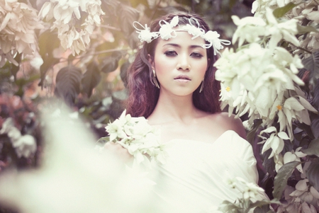 Spring lady - beauty, trees, white dress, beautiful lady, crown, spring, nature, face, blossom, flowers, sunny day