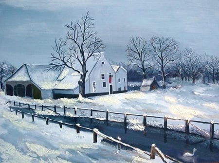 Canadian Winter House Painted by Saad KILO - winter, landscape, canada, cottage, wood, swan, river, oil paintings, house, snow