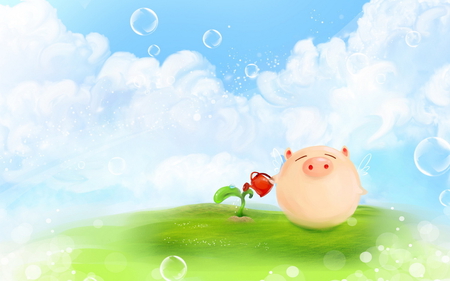 Pig - sky, pig, grass, cute, drawing, bubble