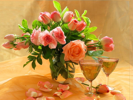 Still life - pretty, vase, roses, beautiful, lovely, petals, pink, still life, bouquet, flowers, wine, champagne, glasses, red, nice