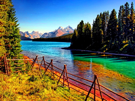 Calm mountain river - sky, fence, autumn, mountain, trees, peaceful, creek, nature, calm, blue, river, waters