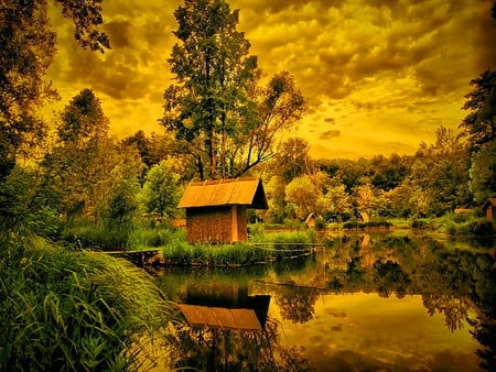 Golden afternoon - cottage, cabin, afternoon, river, golden, nature, autumn, water, yellow, peaceful, lake, sky, calmness, pond, reflection, clouds, house, day