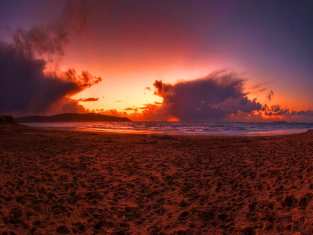 Sunset on the beach - sands, ocean, beach, sky, sundown, peaceful, night, colorful, water, shore, sunset, calm, evening, clouds, beautiful, sea