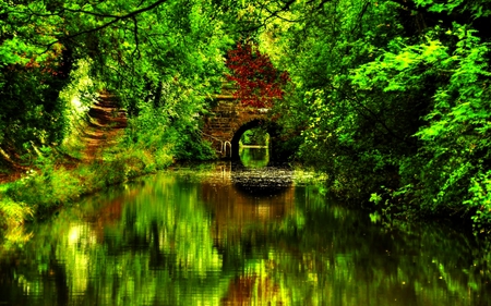 STONE BRIDGE on RIVER - reflections, calm, river, trees, green, forest