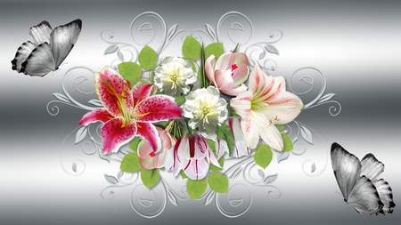 Spring Silver - summer, sophisticated, spring, lily, flowers, tulips, nature, silver, butterfly