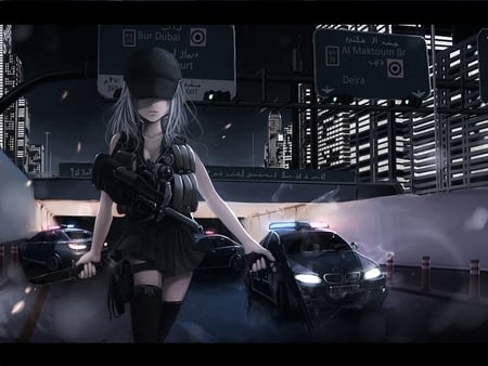 anime - gun, girl, hat, call of duty, knife, car, city, anime, jpeg, artifacts