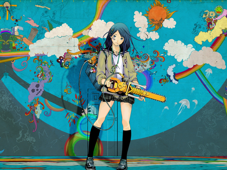 Colorful... why not? - chainsaw, colorful, anime, blue hair, girl, color