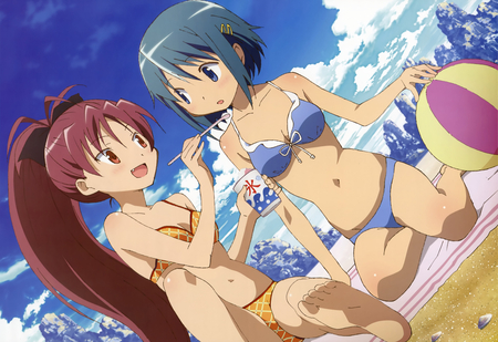 Original - short hair, 2girls, bikini, food, maho shoujo madoka magica, long hair, sky