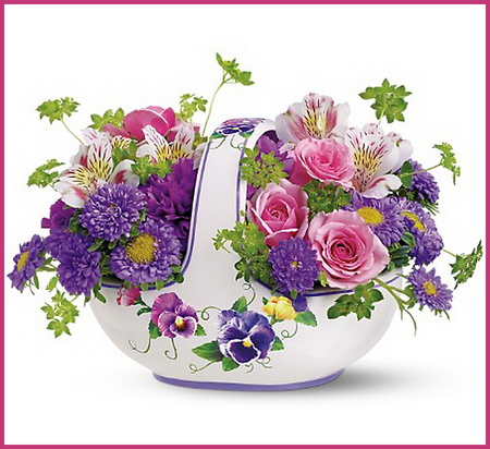 Basket of spring - flowers, basket, white, yellow, purple, green, spring, pink