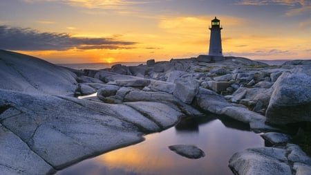 lighthouse on the rocks - lighthouse, sunset, green light, rocks