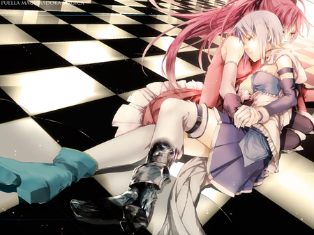 Madoka and Sayaka - anime, blue hair, friends, anime girls, pink hair