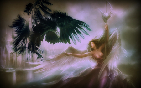 Come my friend and we will fly together - abstract, beautiful, girl, angel, dream, fantasy, eagle, woman, art