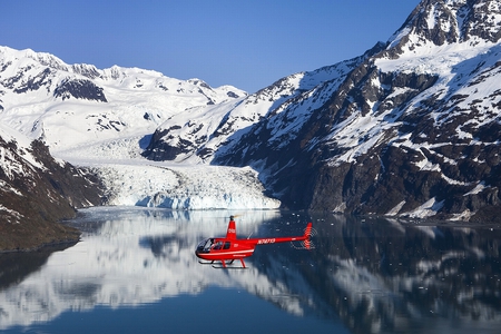 Red Helicopter - picture, red, helicopter, lake, mountains, cool