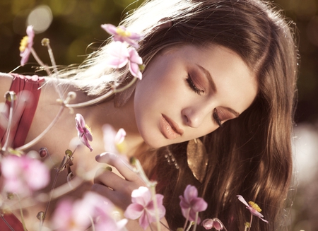 Nature lady - touch, beautiful girl, make up, lovely face, stare down, eyes, sunshine, beauty, spring, hair, flowers, bloom, nature, sunny day