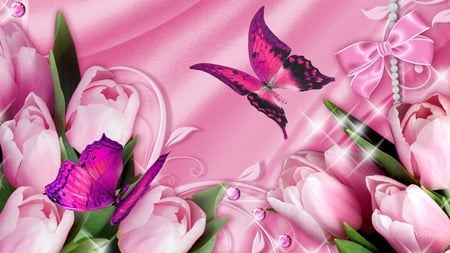 Tulip Celebration - silk, butterflies, spring, sparkles, pink, stars, flowers, tulips, satin, ribbon, bow