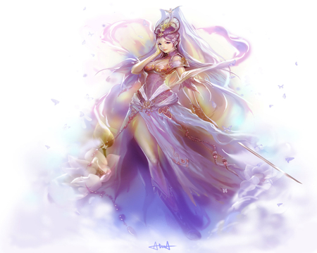 Cloud of Heaven - heaven, pretty, female, dress, china girl, origianl, ribbon, anime girl, cloud of heaven, hot, sword, blush, beauty, cool, sweet, flower, cloud, butterfly, jewelry, dance, sexy