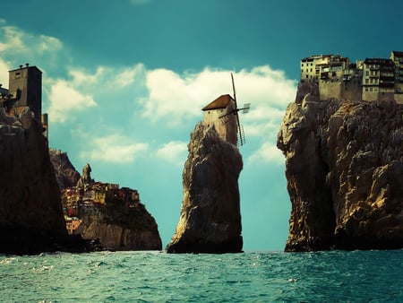 fantasy city - clouds, windmil, water, cliffs, city, sky