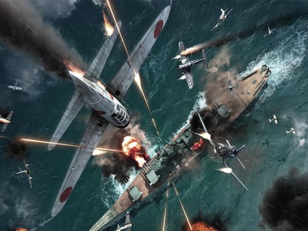 under attack - attck, planes, battleship, water, smoke