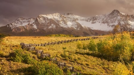 fence to the end - fields, fence, mountains, snow