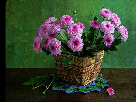 Still life - delicate, pretty, pink, beautiful, flowers, harmony, dark, petals, dtill life, nice, lovely, basket