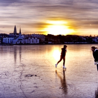 skating on frozen lake hdr