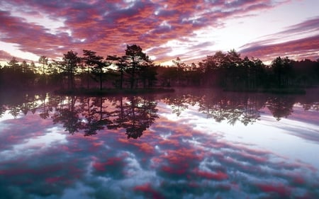 reflection lake - red clouds, lake, isle, reflection