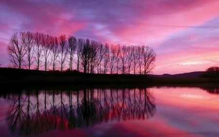 lake shore sunset - red clouds, lake, sky, trees, wallpaper, shore, sunset, nature, reflections, purple, pink, sunsets, new