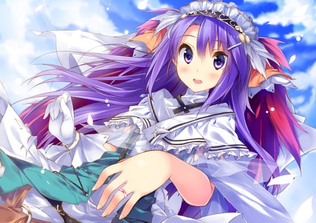 Sofia Jalapeno Viviage - sky, girl, long hair, purple hair, bow, clouds, anime, sofia jalapeno viviage, ribbon