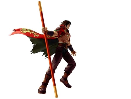 Kilik - male, soul calibur, necklace, kilik, boots, solo, staff, brown hair, white background, games, trench coat, anime, video games, weapons, pole