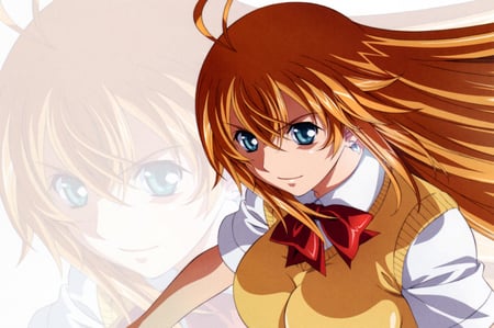 Sonsaku Hakufu - girl, female, blue eyes, long hair, anime girl, sonsaku, bow tie, school uniform, white background, ikki tousen, sonsaku hakufu, hakufu sonsaku, orange hair, anime, uniform