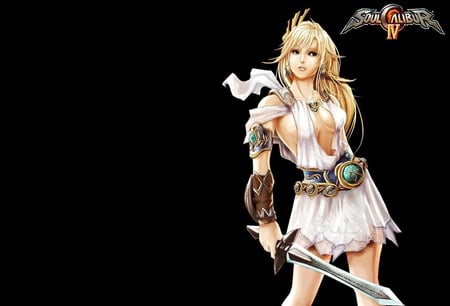 Sophitia Alexandra - anime, female, weapons, green eyes, long hair, black background, soul calibur, warrior girl, skirt, sophitia alexandra, girl, sword, blonde hair, armour, sophitia, cute, games, video games, lone