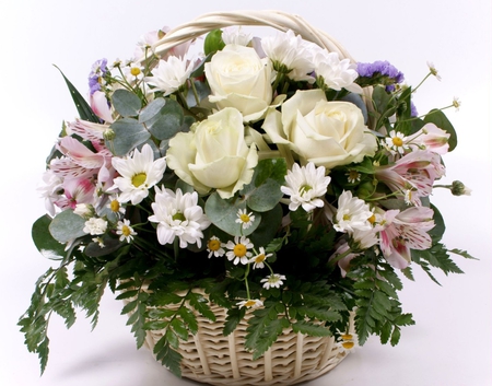 Basket of spring - beauty, roses, basket, bouquet, daisy, spring, white roses, bright, flowers, colors