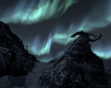 Hunting A Dragon - dragon, mountains, northern lights, archer