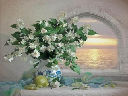 Still life - beauty, magic, sun, water, bouquet, sunset, cloth, view, petals, harmony, veil, peace, pear, lovely, vase, fruit, nature, flowers, grapes, sea