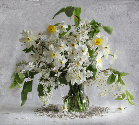 Still life - beauty, fresh, still life, vase, spring, cloth, petals, leaves, flowers