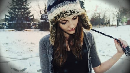 Winter Time - cold, hat, snow, long hair, winter, pose, time, model