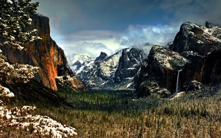 YOSEMITE in WINTER - waterfalls, winter, snow, forest, yosemite, mountains, valley