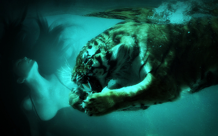 He is trying to save her from drowning - woman, art, abstract, girl, cat, dream, fantasy, tiger