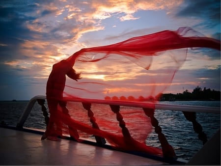 Fly away - imagination, bridge, ocean, wings, lady, nature, sunsine, red, water, beauty, veil, dress, sky, cloth, believe, fly away, clouds, hope, sea