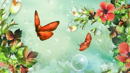 Floral Distinction - summer, butterflies, flowers, bubbles, spring, leaves, orange, green