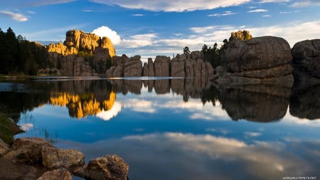 damn of rocks - lake, reflecrion, sky, boulders