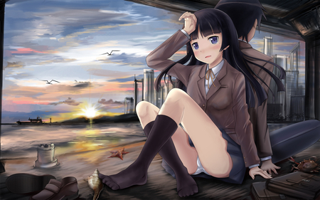 late afternoon - panties, clouds, kousaka kyousuke, water, seifuku, gokou ruri, blush, city, long hair, purple eyes, sunset, black hair, edogawakid, sky, underwear