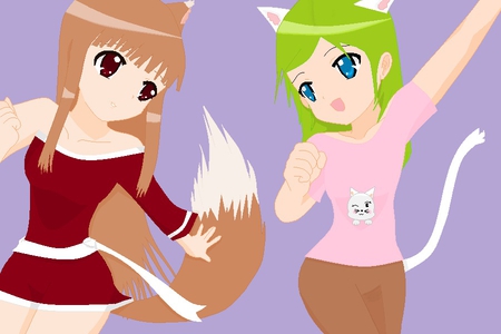 Best Of friends - best friends, anime, wolf, pink top, green hair, brown trousers, two, friends, blue eyes, white cat, spice and wolf, holo, brown hair, cat, red eyes, girls, lillia, white bow, red mini dress